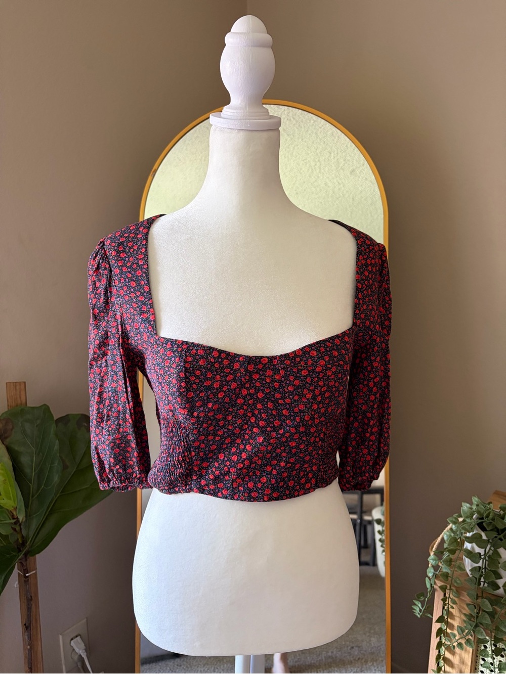 Zara Black Crop Top with Red Floral Print